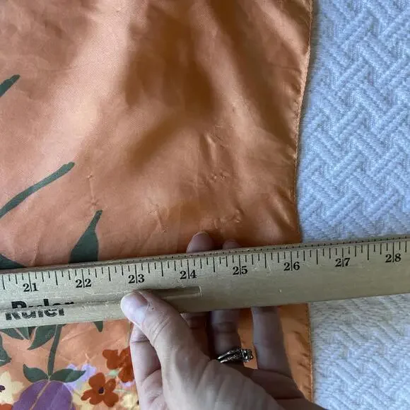 Vintage Silk? Floral Handmade Printed Scarf Orange White Yellow Square 24x24 - Picture 8 of 15